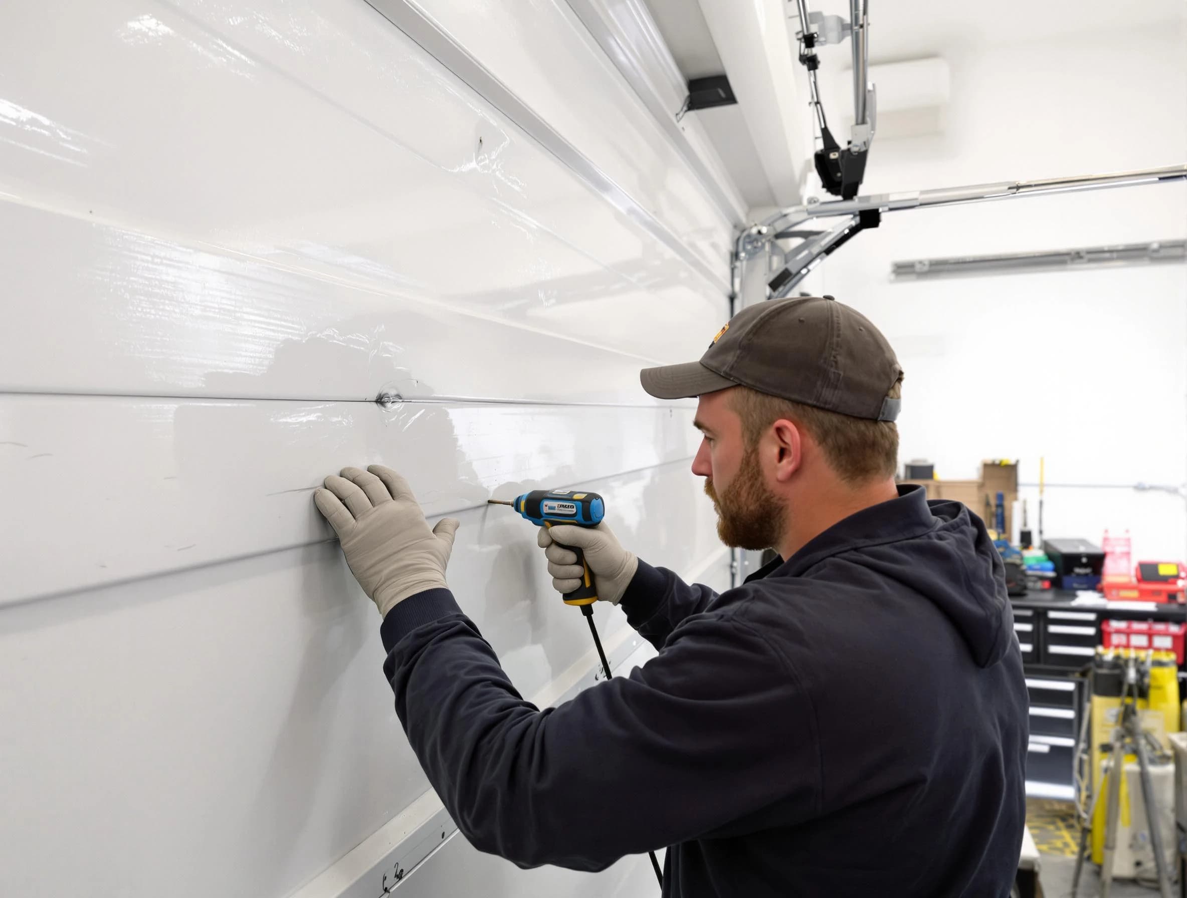 Clifton Garage Door Repair technician demonstrating precision dent removal techniques on a Clifton garage door